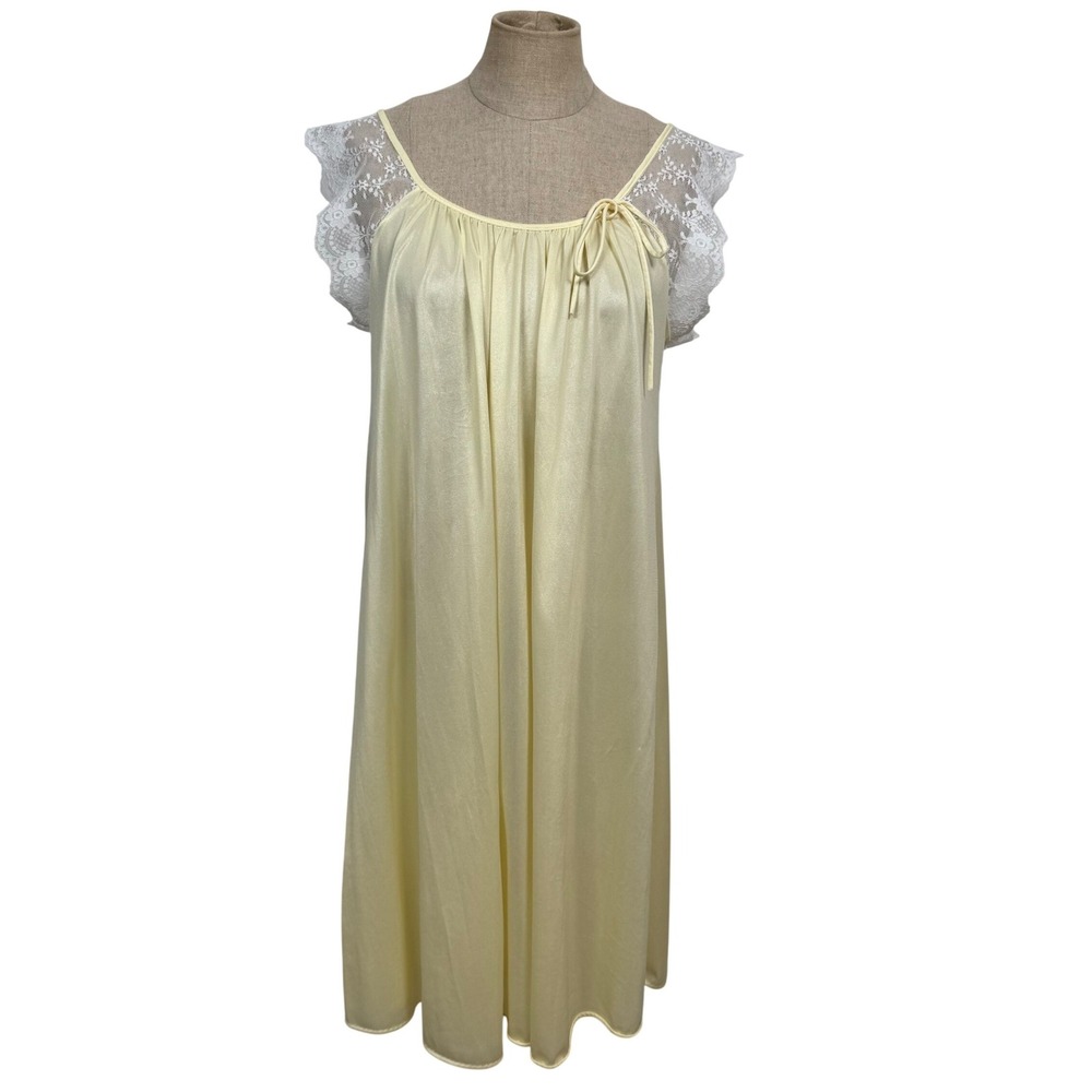 Quiet Moments VTG Nightgown Dress Yellow S Babydoll Nylon Lace Flutter Coquette